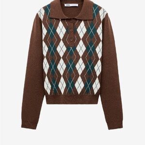 Zara Brown and Teal Argyle Crewneck Sweater